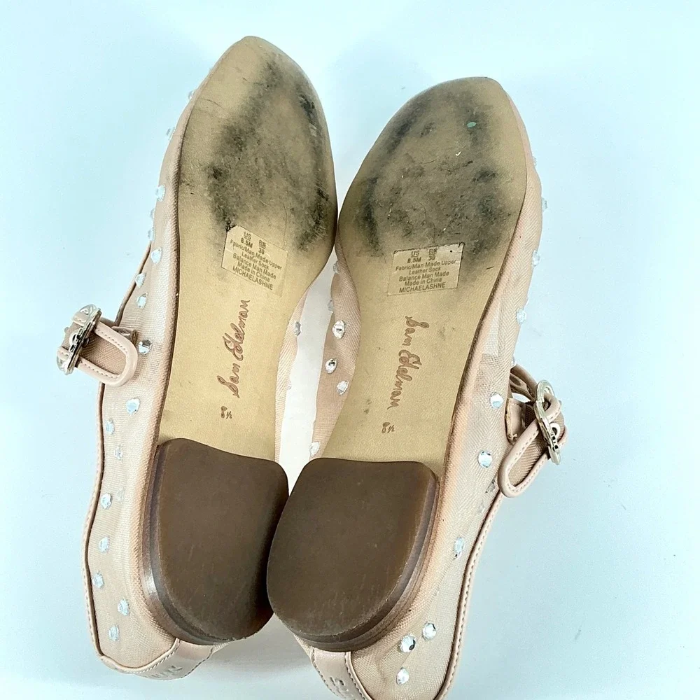 Sam Edelman Size 8.5 Mesh Crystal Mary Jane Flats Nude Beige Rhinestone Michaela - Picture 7 of 14